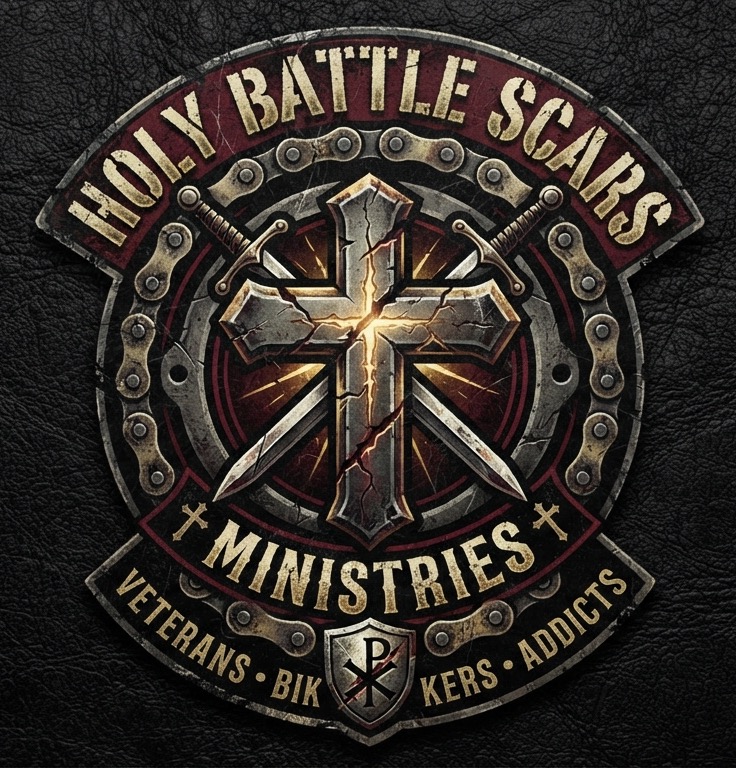 Holy Battle Scars Ministries logo: a cracked cross over crossed swords inside a motorcycle chain